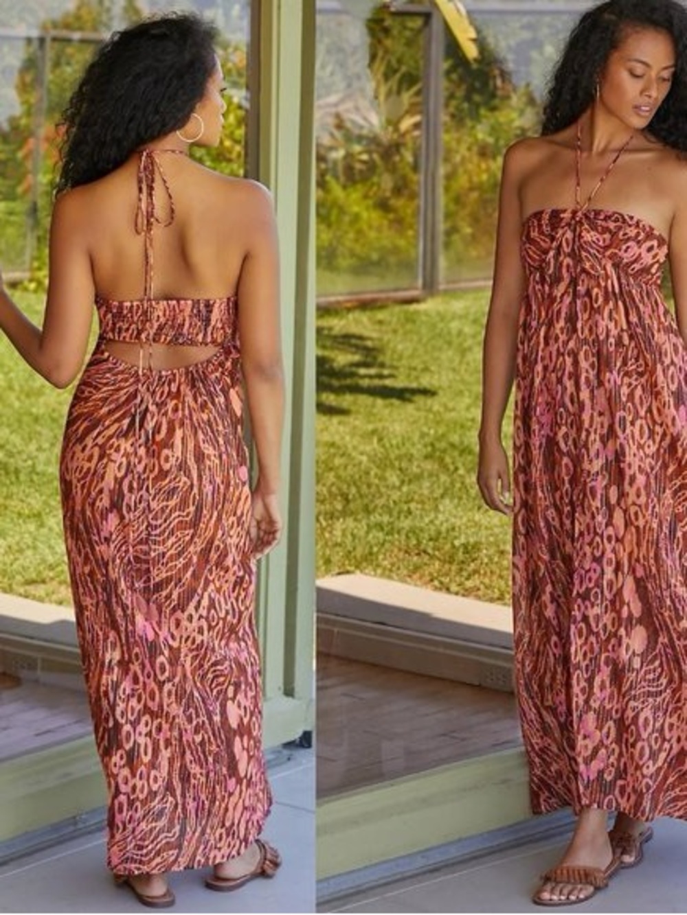 Anthropologie Pink and Brown Animal-Print Strapless Halter Maxi Dress